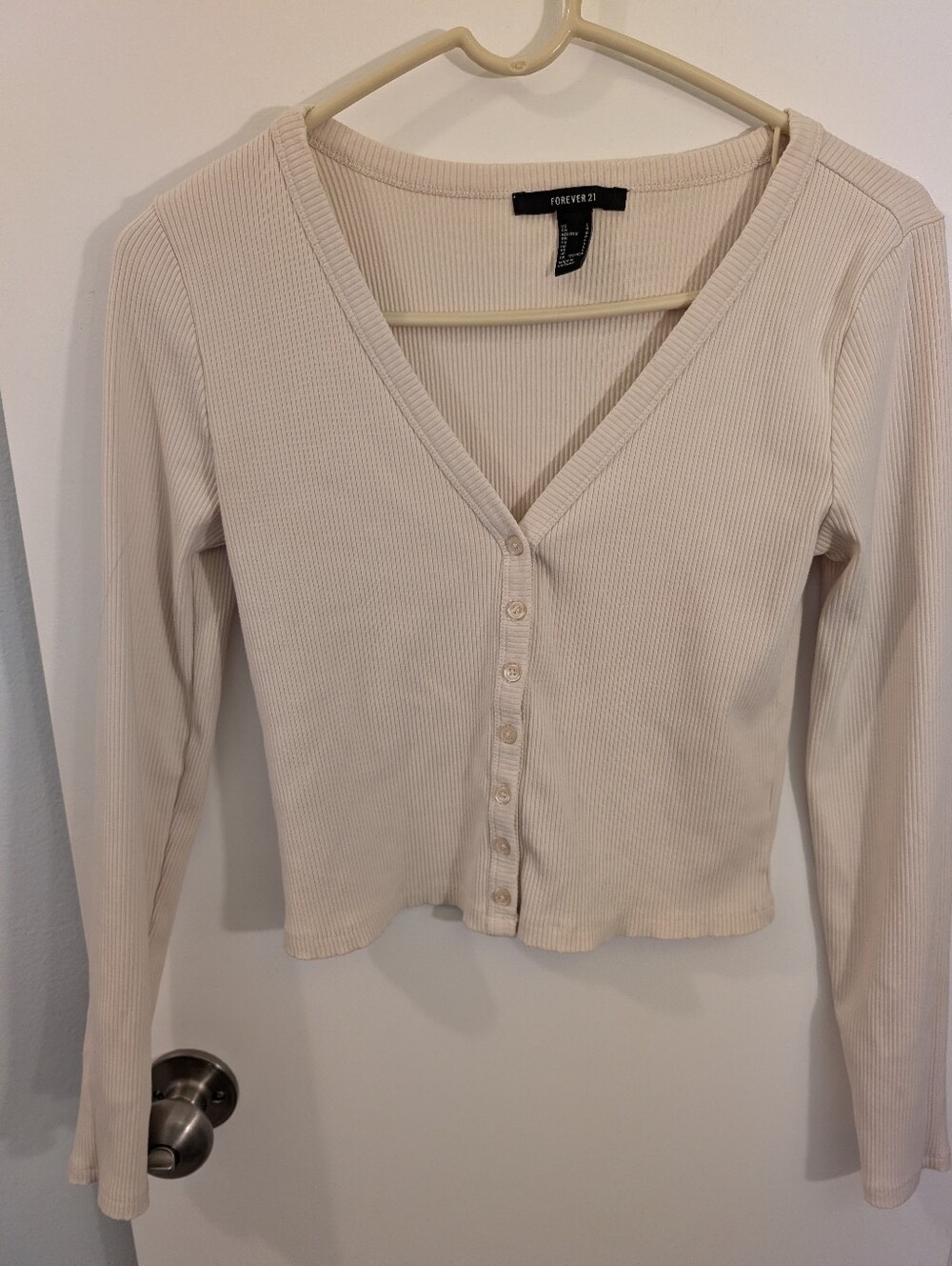 Forever 21 Cream Ribbed V-Neck Button-Up Long Sleeve Top